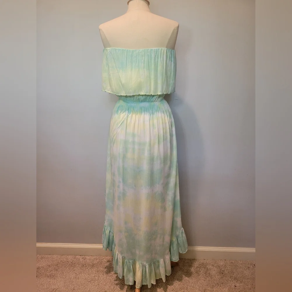 Tiare Hawaii Aqua & Green Tie Dye Strapless High-Low Ruffle Dress OS - Picture 5 of 9